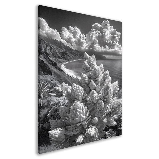 Zwart-wit kustlandschap met bloeiende planten canvas