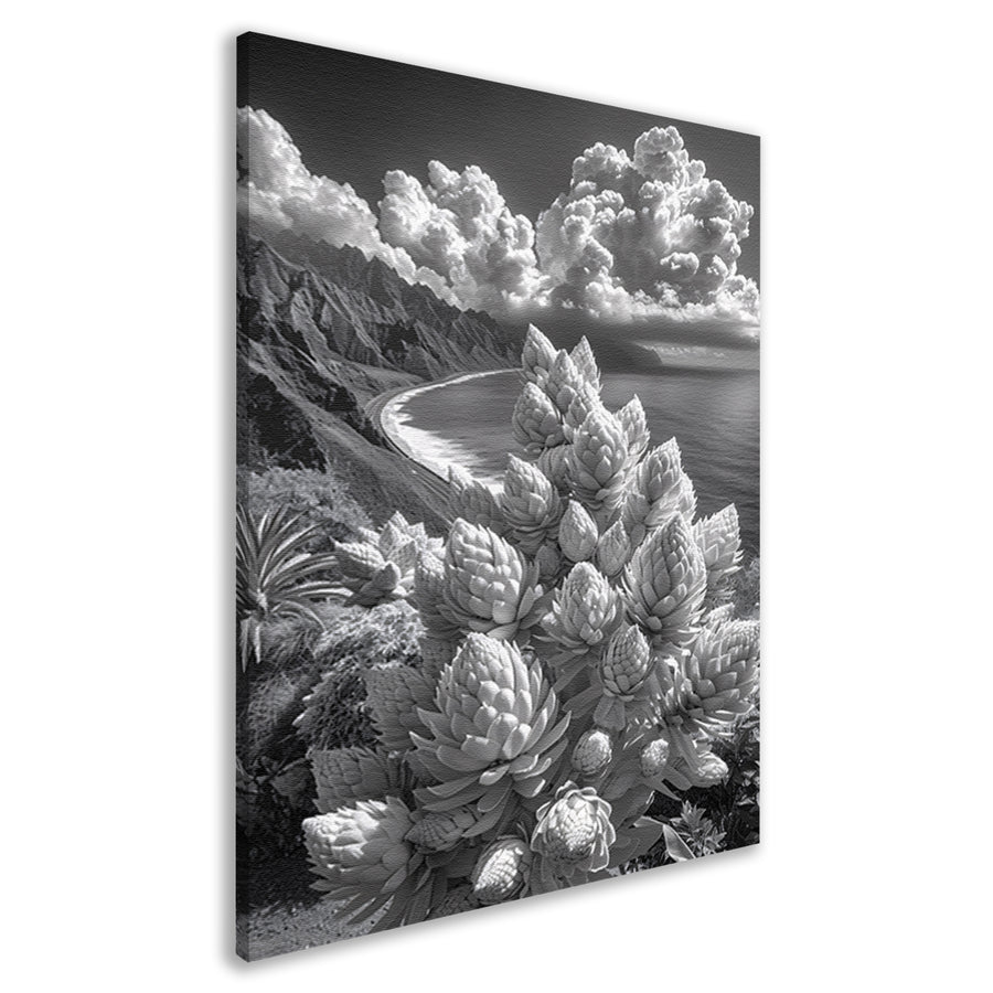 Zwart-wit kustlandschap met bloeiende planten canvas