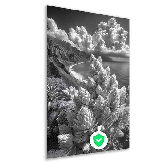 Zwart-wit kustlandschap met bloeiende planten poster