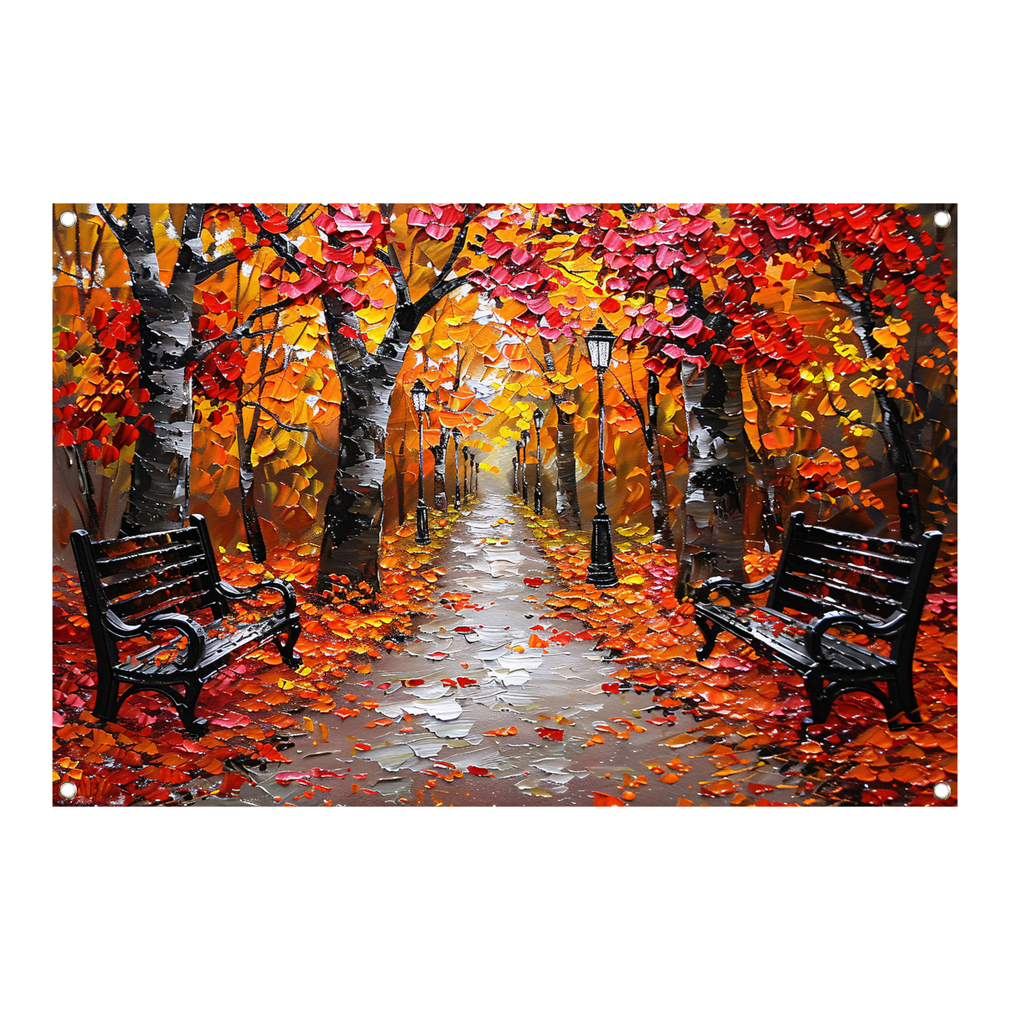 Herfstpark met kleurrijke bomen en bankjes tuinposter
