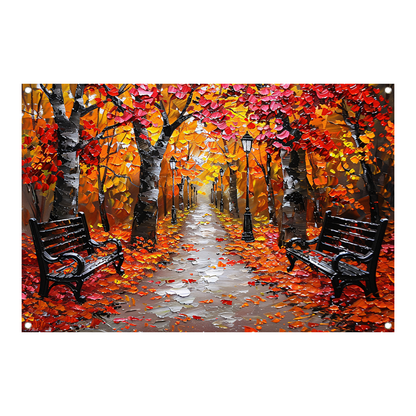 Herfstpark met kleurrijke bomen en bankjes tuinposter