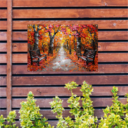 Herfstpark met kleurrijke bomen en bankjes tuinposter