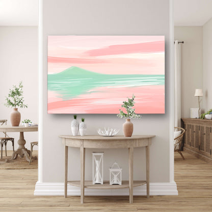 Abstract pastelkleurig berglandschap met water poster