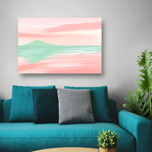 Abstract pastelkleurig berglandschap met water poster