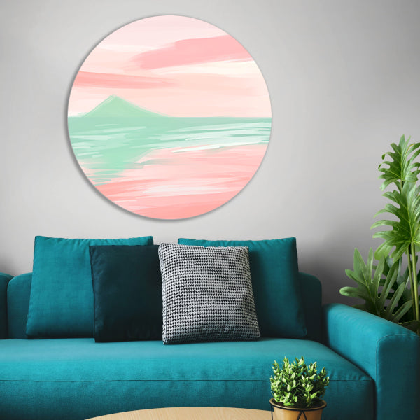 Abstract pastelkleurig berglandschap met water aluminium muurcirkel