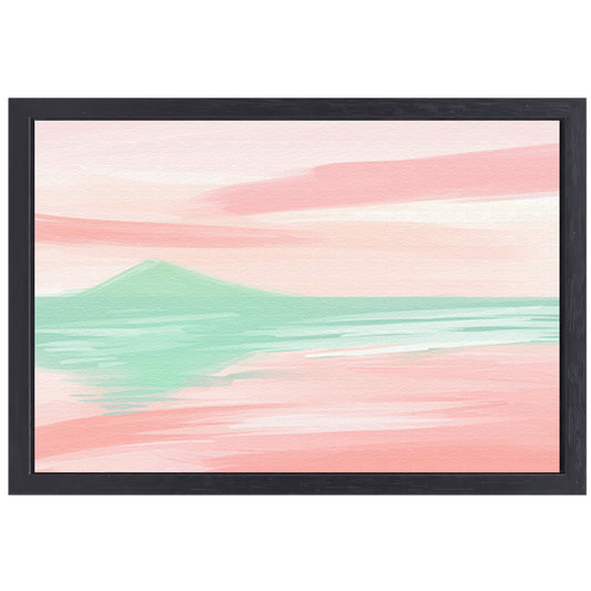 Abstract pastelkleurig berglandschap met water canvas met baklijst