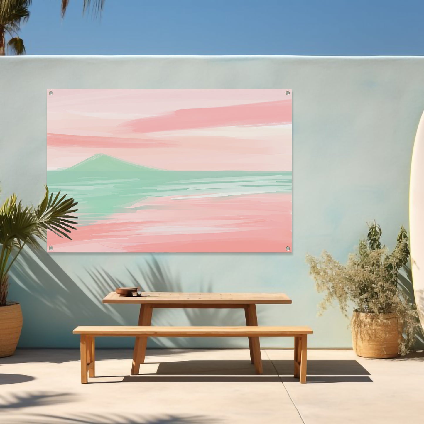 Abstract pastelkleurig berglandschap met water tuinposter