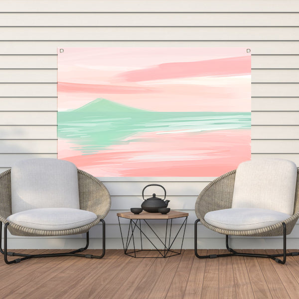 Abstract pastelkleurig berglandschap met water tuinposter