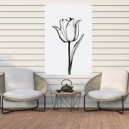 Zwarte lijnen, witte tulp, minimalistisch design tuinposter