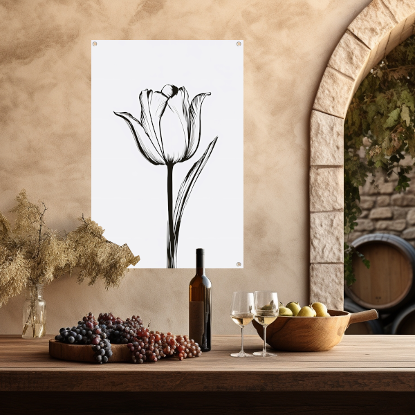 Zwarte lijnen, witte tulp, minimalistisch design tuinposter