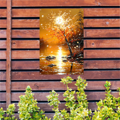 Stralende herfstboom bij zonsondergang met reflectie tuinposter