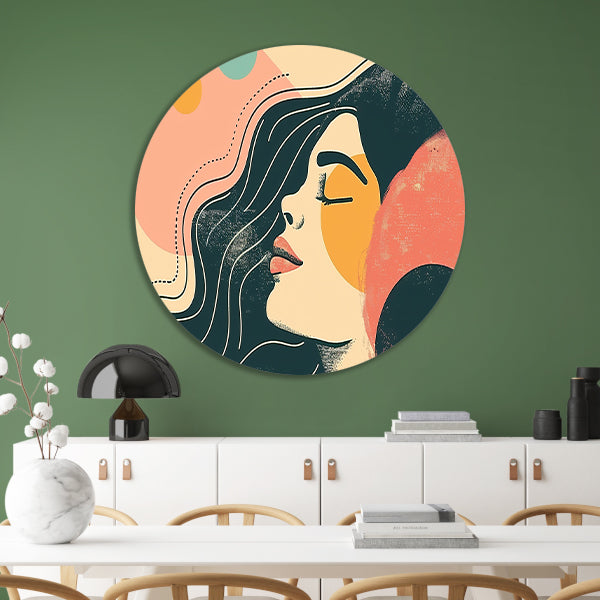 Abstract portret van vrouw met kleuren aluminium muurcirkel