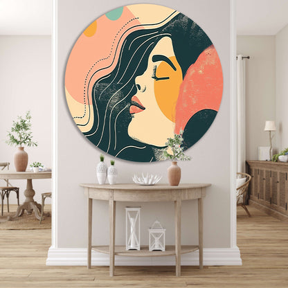 Abstract portret van vrouw met kleuren aluminium muurcirkel