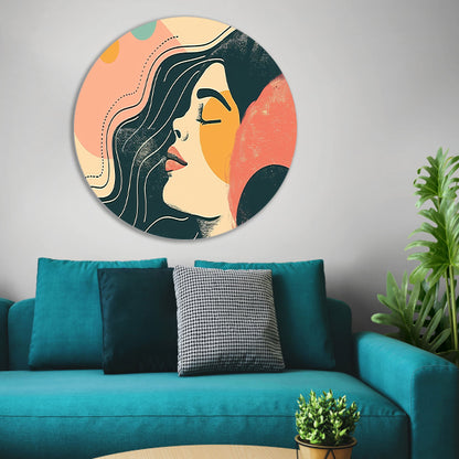 Abstract portret van vrouw met kleuren aluminium muurcirkel