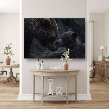 Moederbeer met haar welpje in het bos canvas met baklijst