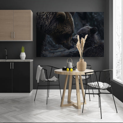 Moederbeer met haar welpje in het bos canvas met baklijst