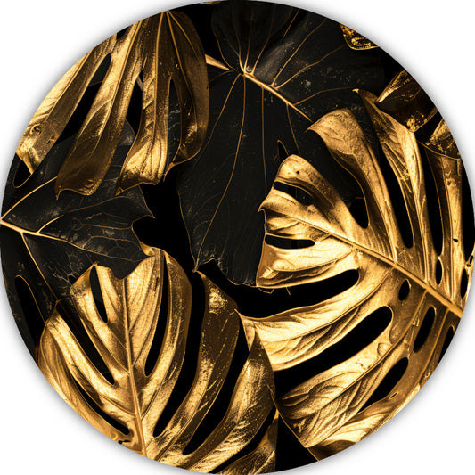 Luxe Gouden Monstera Bladeren op Zwart forex muurcirkel