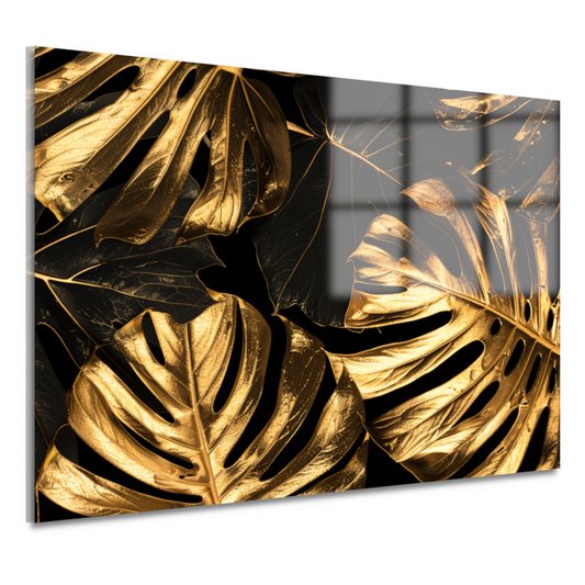 Luxe Gouden Monstera Bladeren op Zwart acrylglas