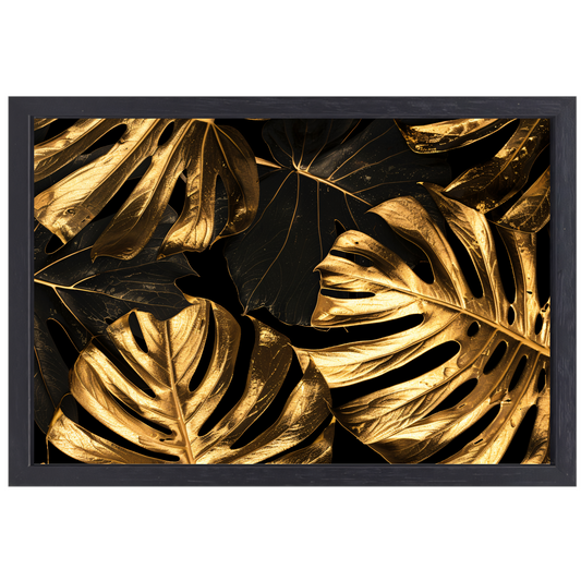 Luxe Gouden Monstera Bladeren op Zwart canvas met baklijst