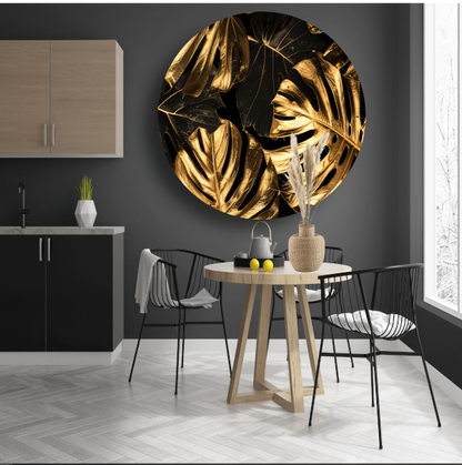 Luxe Gouden Monstera Bladeren op Zwart forex muurcirkel