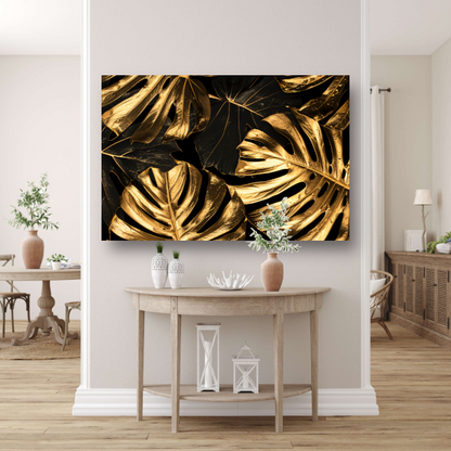 Luxe Gouden Monstera Bladeren op Zwart canvas