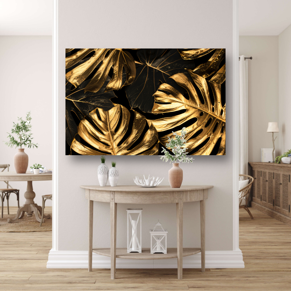 Luxe Gouden Monstera Bladeren op Zwart poster