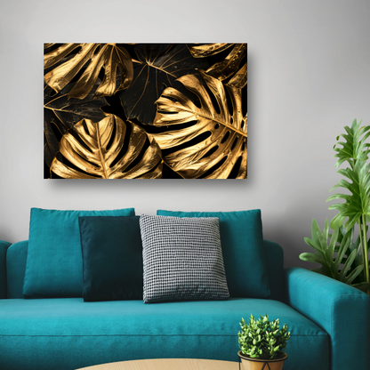 Luxe Gouden Monstera Bladeren op Zwart canvas