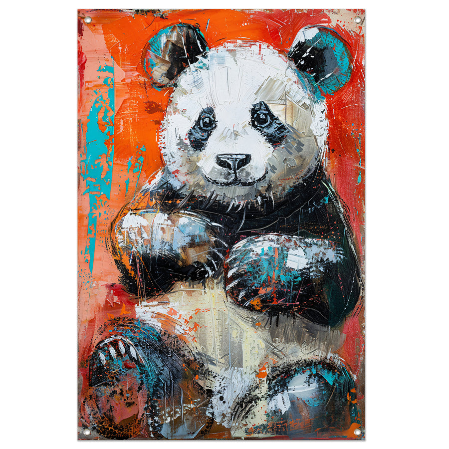 Abstract schilderij van een panda in felle kleuren tuinposter