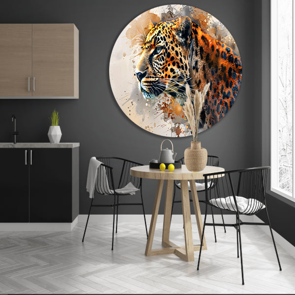 Abstract modern schilderij van een luipaard aluminium muurcirkel