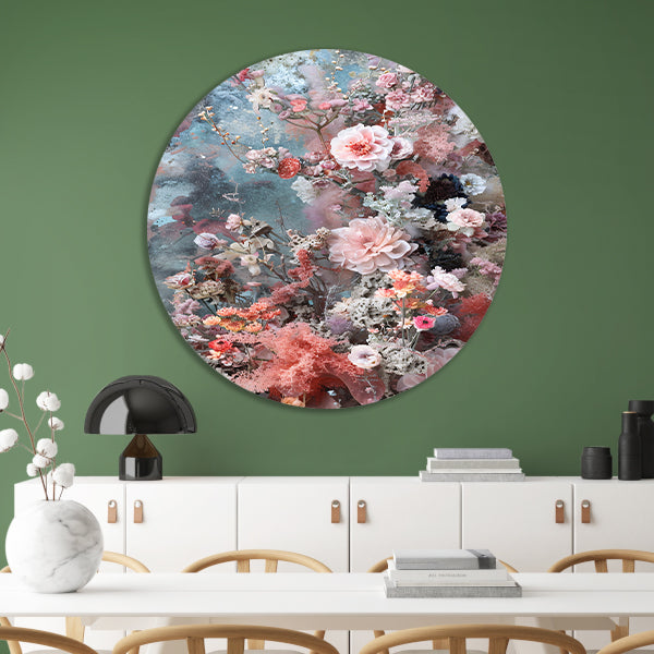 Abstracte bloemenzee met verf aluminium muurcirkel