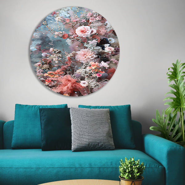 Abstracte bloemenzee met verf aluminium muurcirkel