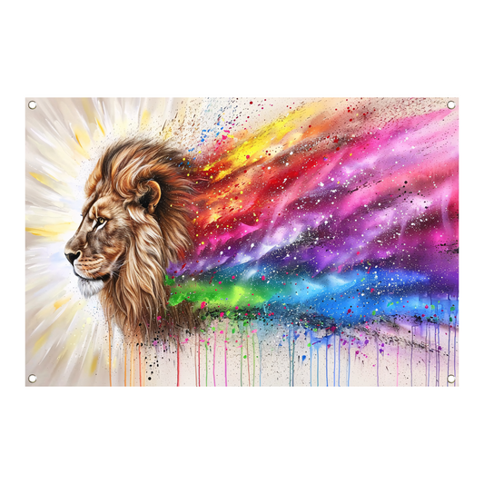 Majestueuze leeuw met kleurrijke regenboog manen tuinposter