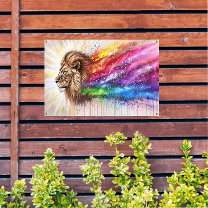 Majestueuze leeuw met kleurrijke regenboog manen tuinposter