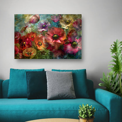 Kleurrijke abstracte impressie van diverse bloemen canvas met baklijst