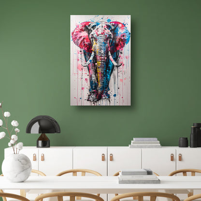 Kleurrijk olifantschilderij met dynamische verfspatten poster