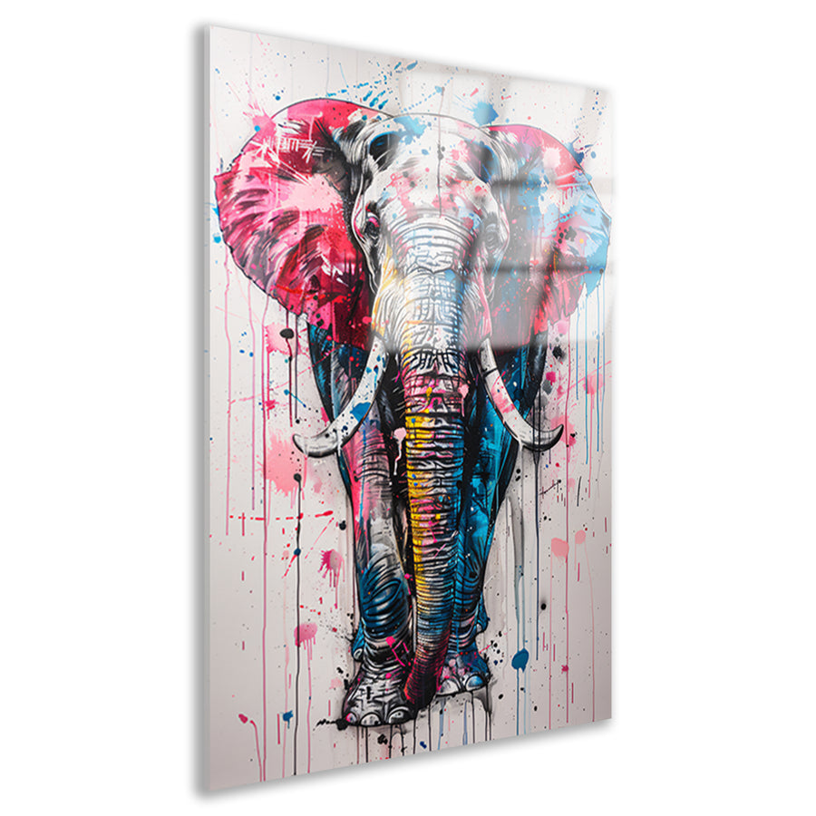 Kleurrijk olifantschilderij met dynamische verfspatten acrylglas