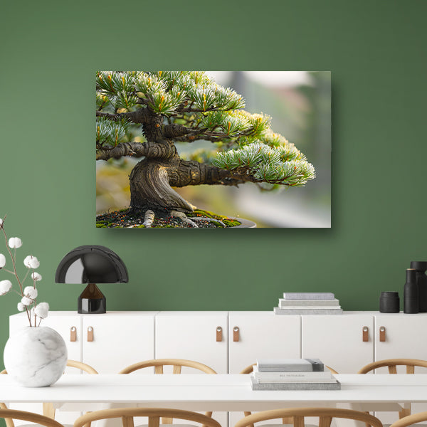 Oude bonsai met gedetailleerde schors en groencanvas