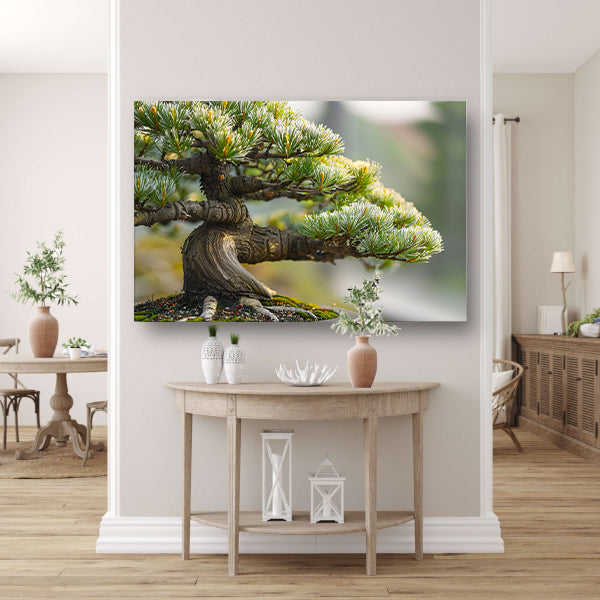 Oude bonsai met gedetailleerde schors en groencanvas