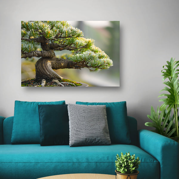 Oude bonsai met gedetailleerde schors en groencanvas