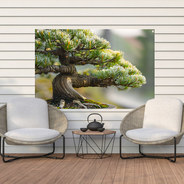 Oude bonsai met gedetailleerde schors en groen tuinposter