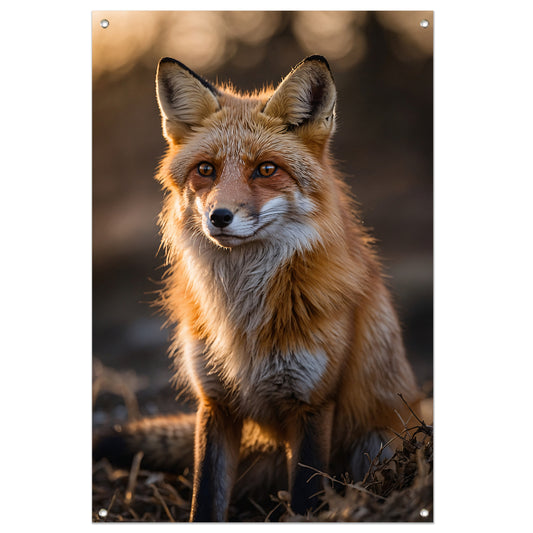 Prachtige vos tijdens zonsondergang in natuur tuinposter