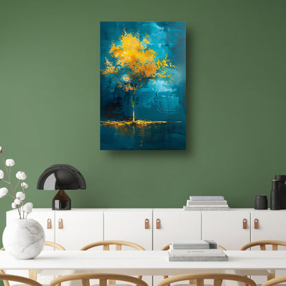 Abstracte boom met gele en blauwe kleuren canvas met baklijst