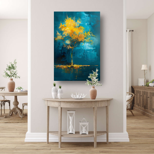 Abstracte boom met gele en blauwe kleuren canvas