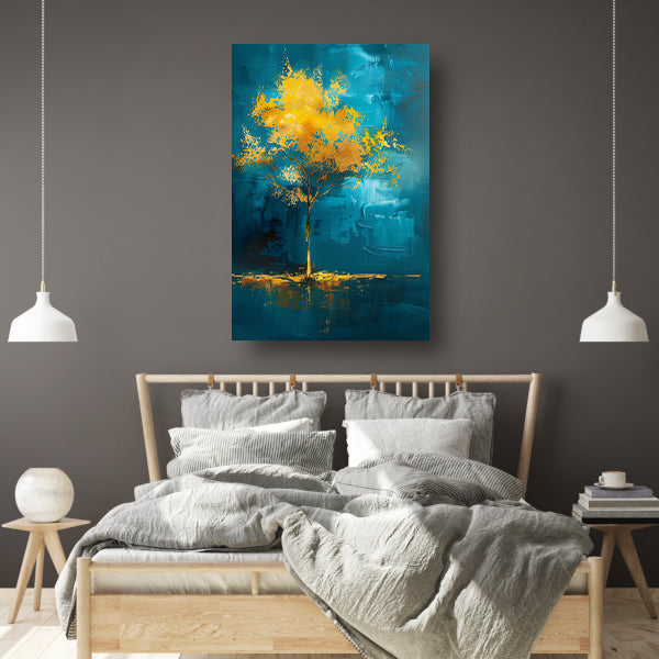 Abstracte boom met gele en blauwe kleuren canvas