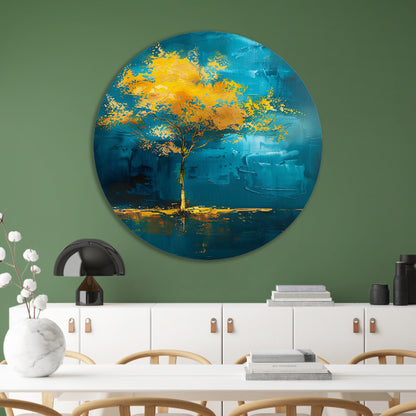 Abstracte boom met gele en blauwe kleuren aluminium muurcirkel