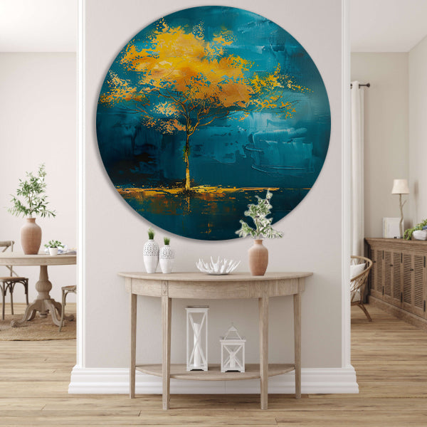 Abstracte boom met gele en blauwe kleuren aluminium muurcirkel