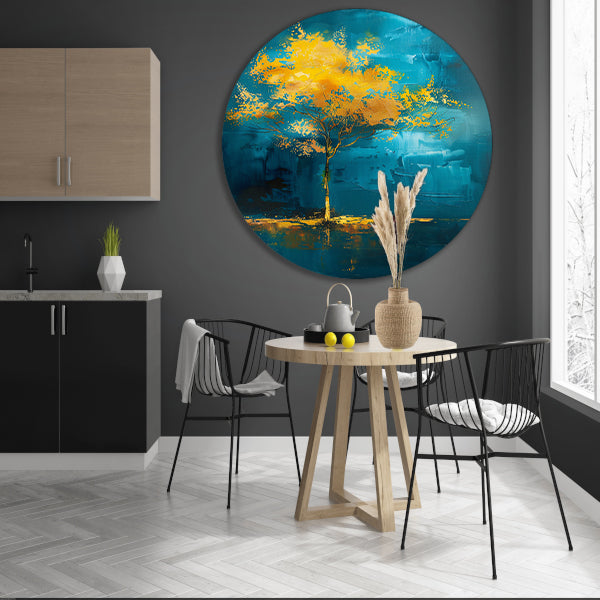 Abstracte boom met gele en blauwe kleuren aluminium muurcirkel