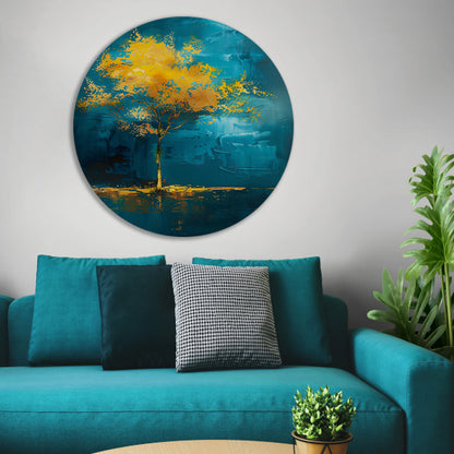 Abstracte boom met gele en blauwe kleuren aluminium muurcirkel