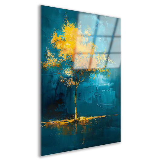 Abstracte boom met gele en blauwe kleuren acrylglas