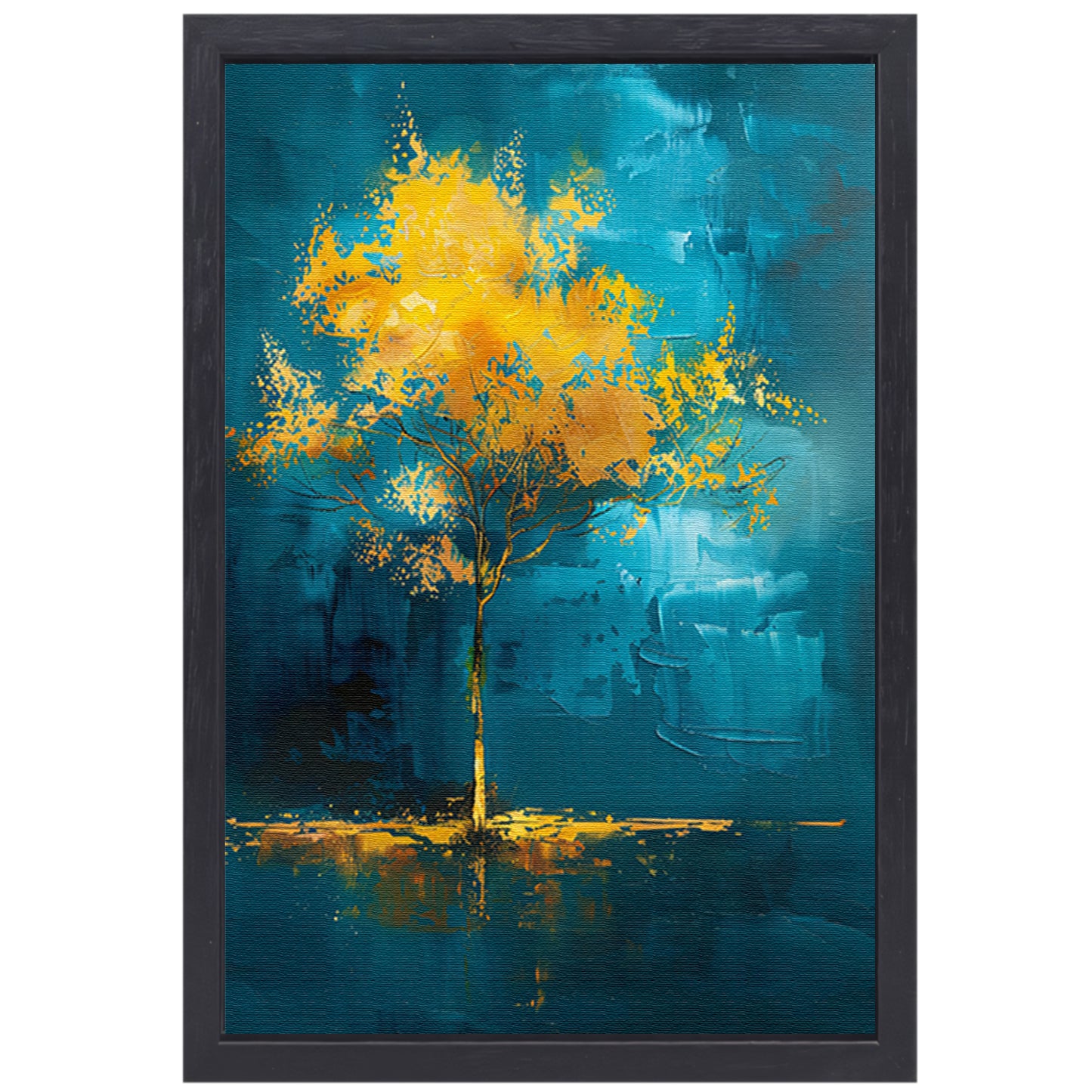 Abstracte boom met gele en blauwe kleuren canvas met baklijst